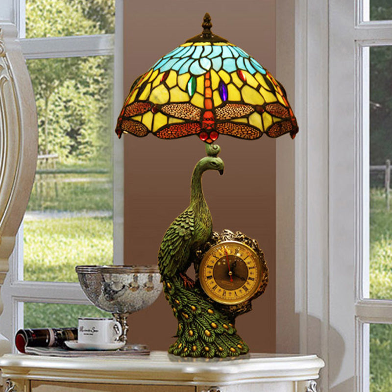 1-Bulb Dragonfly Night Lamp Mediterranean Light Blue and Yellow Cut Glass Nightstand Light with Peacock and Clock Deco Light Blue-Yellow Clearhalo 'Lamps' 'Table Lamps' Lighting' 894603