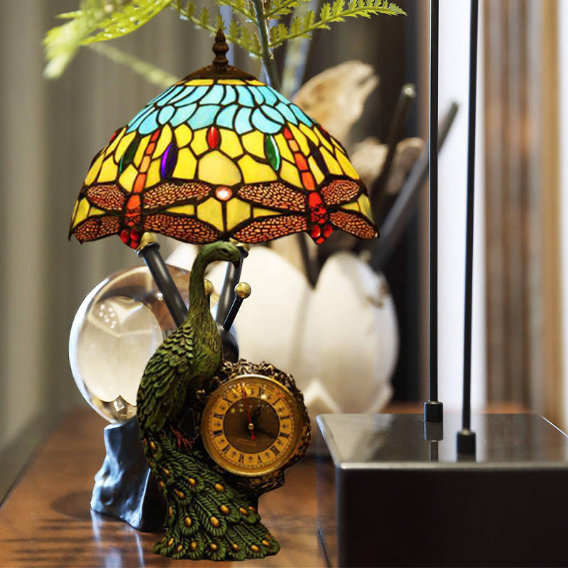 1-Bulb Dragonfly Night Lamp Mediterranean Light Blue and Yellow Cut Glass Nightstand Light with Peacock and Clock Deco Clearhalo 'Lamps' 'Table Lamps' Lighting' 894604