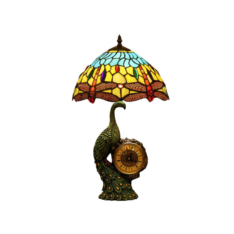 1-Bulb Dragonfly Night Lamp Mediterranean Light Blue and Yellow Cut Glass Nightstand Light with Peacock and Clock Deco Clearhalo 'Lamps' 'Table Lamps' Lighting' 894605