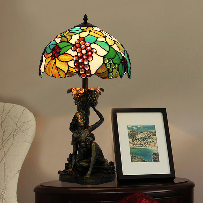Stained Glass Domed Nightstand Lamp Victorian 1 Light Green Grape Patterned Desk Lighting with Working Woman for Bedroom Green Clearhalo 'Lamps' 'Table Lamps' Lighting' 894611