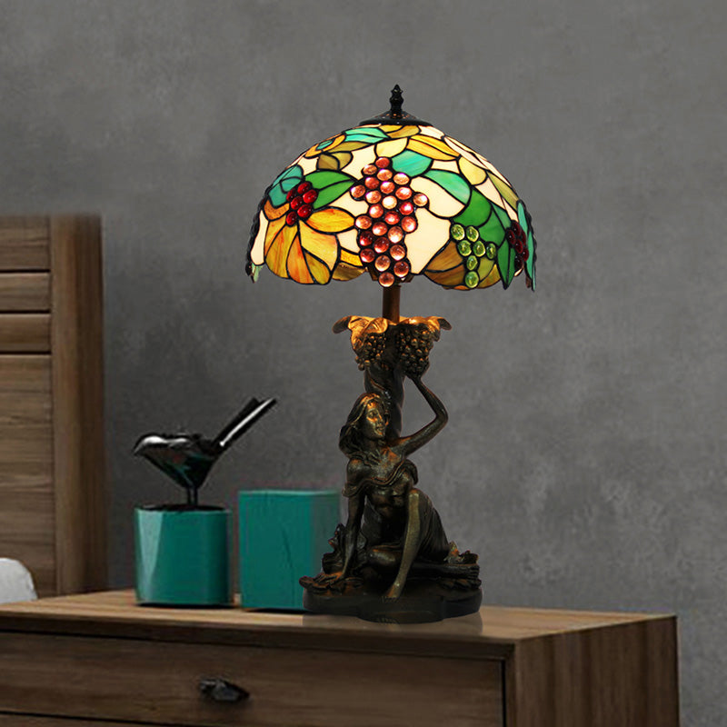Stained Glass Domed Nightstand Lamp Victorian 1 Light Green Grape Patterned Desk Lighting with Working Woman for Bedroom Clearhalo 'Lamps' 'Table Lamps' Lighting' 894612