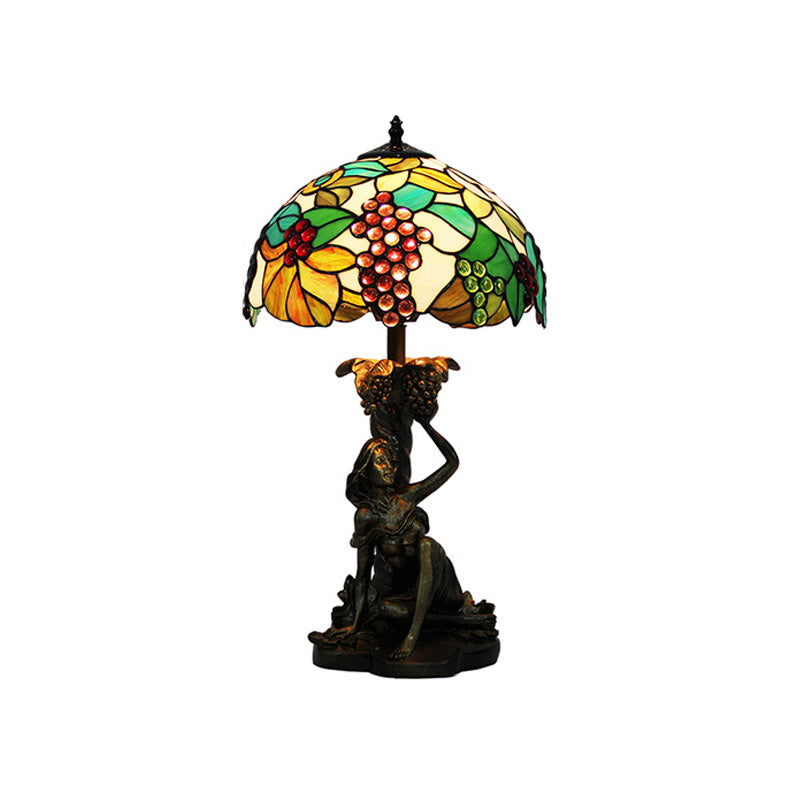 Stained Glass Domed Nightstand Lamp Victorian 1 Light Green Grape Patterned Desk Lighting with Working Woman for Bedroom Clearhalo 'Lamps' 'Table Lamps' Lighting' 894613