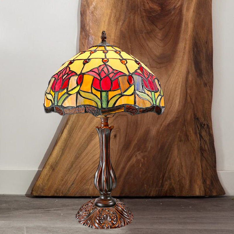Dome Shade Cut Glass Nightstand Light Tiffany 1 Light Bronze Night Table Lamp with Flower Pattern Bronze Clearhalo 'Lamps' 'Table Lamps' Lighting' 894615