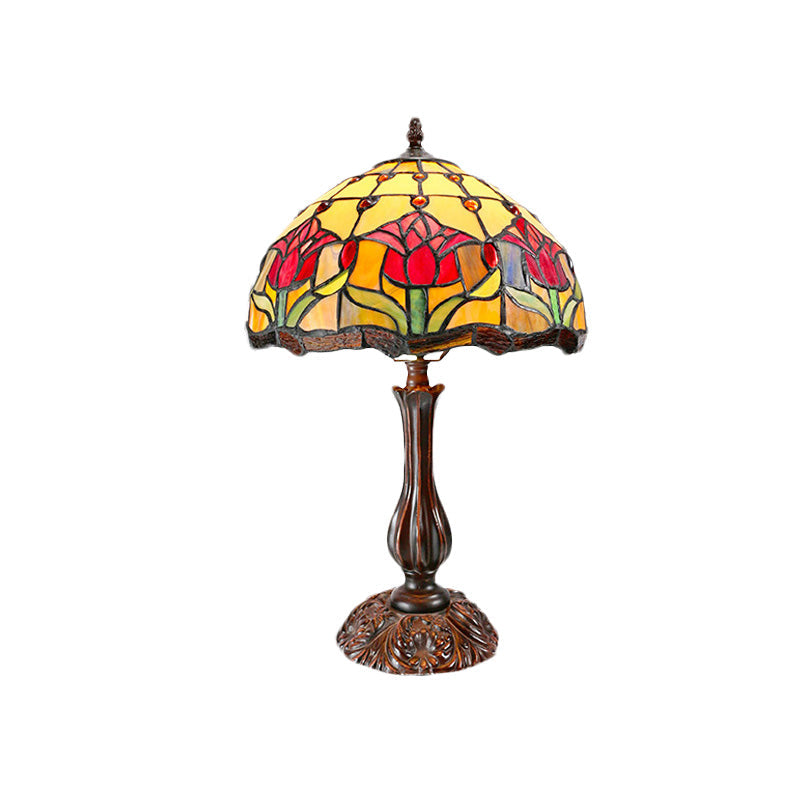 Dome Shade Cut Glass Nightstand Light Tiffany 1 Light Bronze Night Table Lamp with Flower Pattern Clearhalo 'Lamps' 'Table Lamps' Lighting' 894617