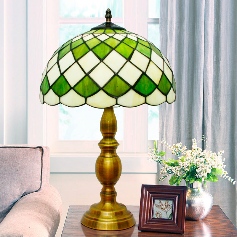 1 Head Bedroom Nightstand Lighting Mediterranean Green Table Lamp with Lattice Bowl Cut Glass Shade Green Clearhalo 'Lamps' 'Table Lamps' Lighting' 894619