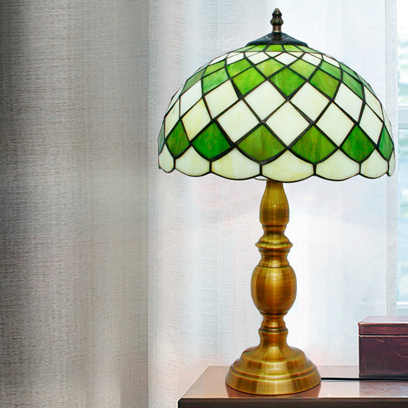 1 Head Bedroom Nightstand Lighting Mediterranean Green Table Lamp with Lattice Bowl Cut Glass Shade Clearhalo 'Lamps' 'Table Lamps' Lighting' 894620