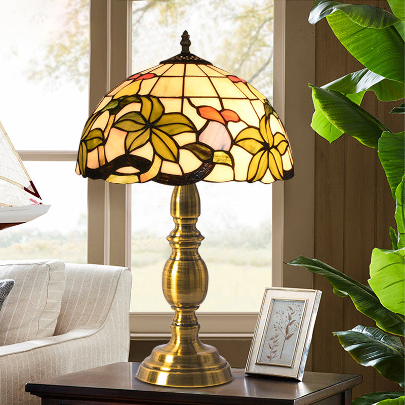 Domed Table Lamp 1 Light Stained Art Glass Tiffany Style Petal Patterned Night Light in Brushed Brass Brushed Brass Clearhalo 'Lamps' 'Table Lamps' Lighting' 894623