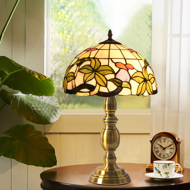 Domed Table Lamp 1 Light Stained Art Glass Tiffany Style Petal Patterned Night Light in Brushed Brass Clearhalo 'Lamps' 'Table Lamps' Lighting' 894624