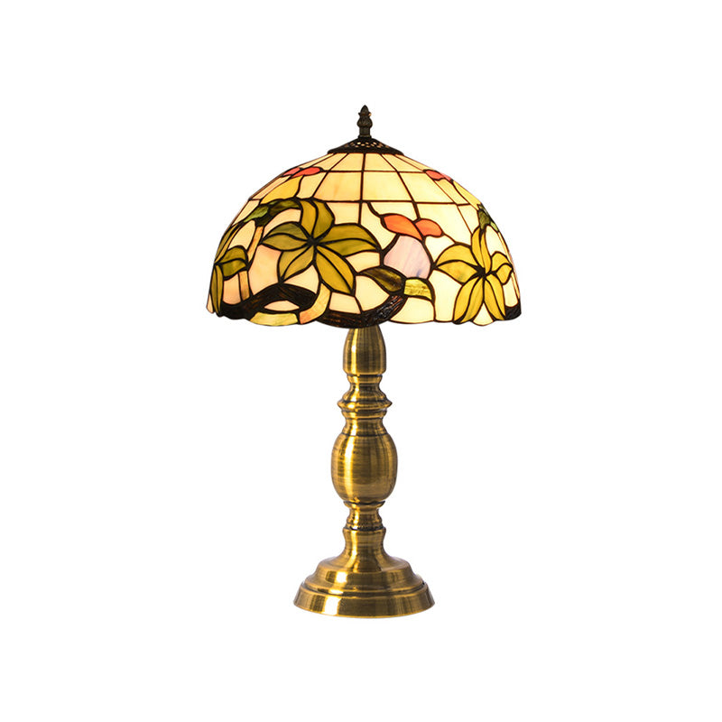 Domed Table Lamp 1 Light Stained Art Glass Tiffany Style Petal Patterned Night Light in Brushed Brass Clearhalo 'Lamps' 'Table Lamps' Lighting' 894625