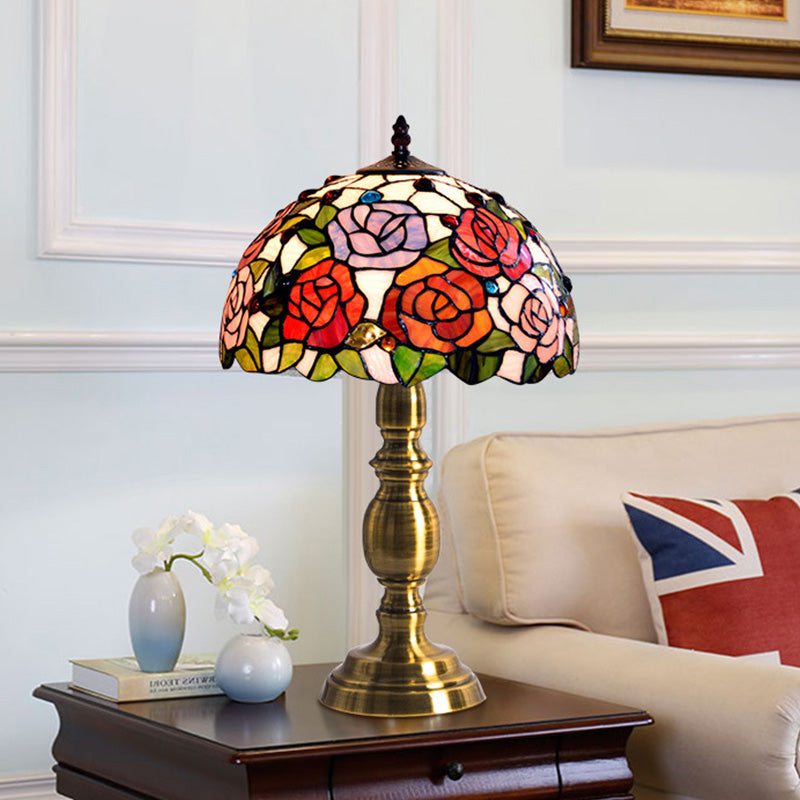 Cut Glass Brushed Brass Table Lighting Bowl Shaped 1 Head Victorian Rose Patterned Night Lamp Brushed Brass Clearhalo 'Lamps' 'Table Lamps' Lighting' 894627