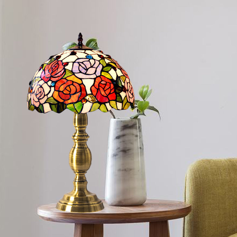 Cut Glass Brushed Brass Table Lighting Bowl Shaped 1 Head Victorian Rose Patterned Night Lamp Clearhalo 'Lamps' 'Table Lamps' Lighting' 894628