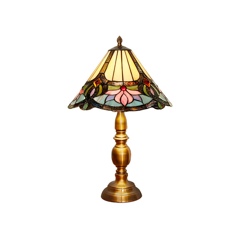 1-Light Table Light Baroque Conical Hand Cut Glass Lotus Patterned Desk Lighting in Brushed Brass Clearhalo 'Lamps' 'Table Lamps' Lighting' 894633
