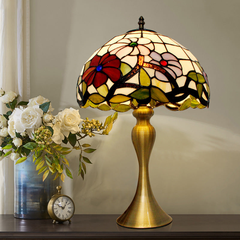 Tiffany Bowl Night Table Lighting 1-Light Stained Art Glass Desk Lamp in Gold with Blossom Pattern Gold Clearhalo 'Lamps' 'Table Lamps' Lighting' 894639