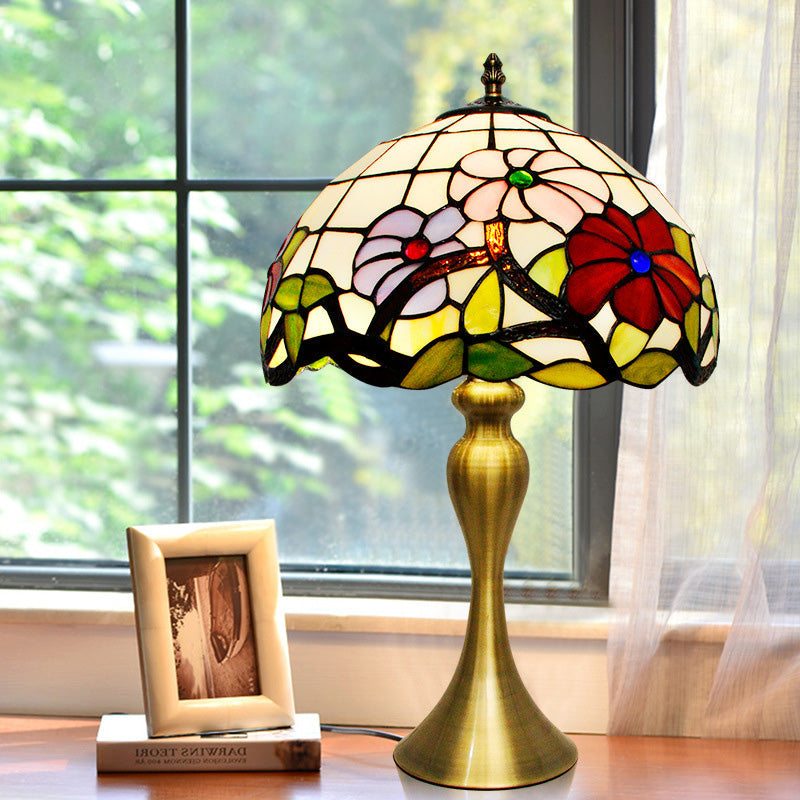 Tiffany Bowl Night Table Lighting 1-Light Stained Art Glass Desk Lamp in Gold with Blossom Pattern Clearhalo 'Lamps' 'Table Lamps' Lighting' 894640