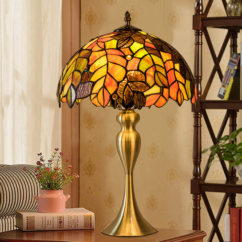1-Light Leaf Patterned Night Lamp Baroque Gold Finish Hand Cut Glass Table Lighting with Dome Shade Gold Clearhalo 'Lamps' 'Table Lamps' Lighting' 894647
