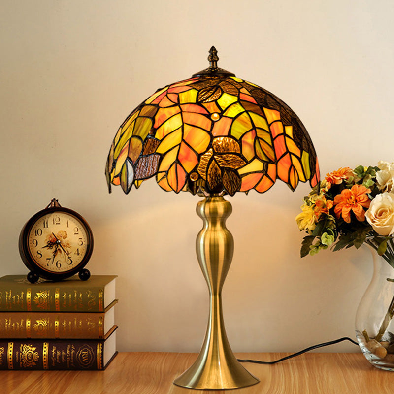 1-Light Leaf Patterned Night Lamp Baroque Gold Finish Hand Cut Glass Table Lighting with Dome Shade Clearhalo 'Lamps' 'Table Lamps' Lighting' 894648