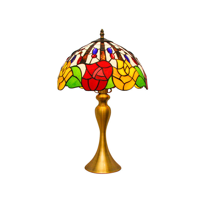 Domed Night Lighting Tiffany Style Stained Glass 1 Head Gold Flower Patterned Nightstand Lamp Clearhalo 'Lamps' 'Table Lamps' Lighting' 894652