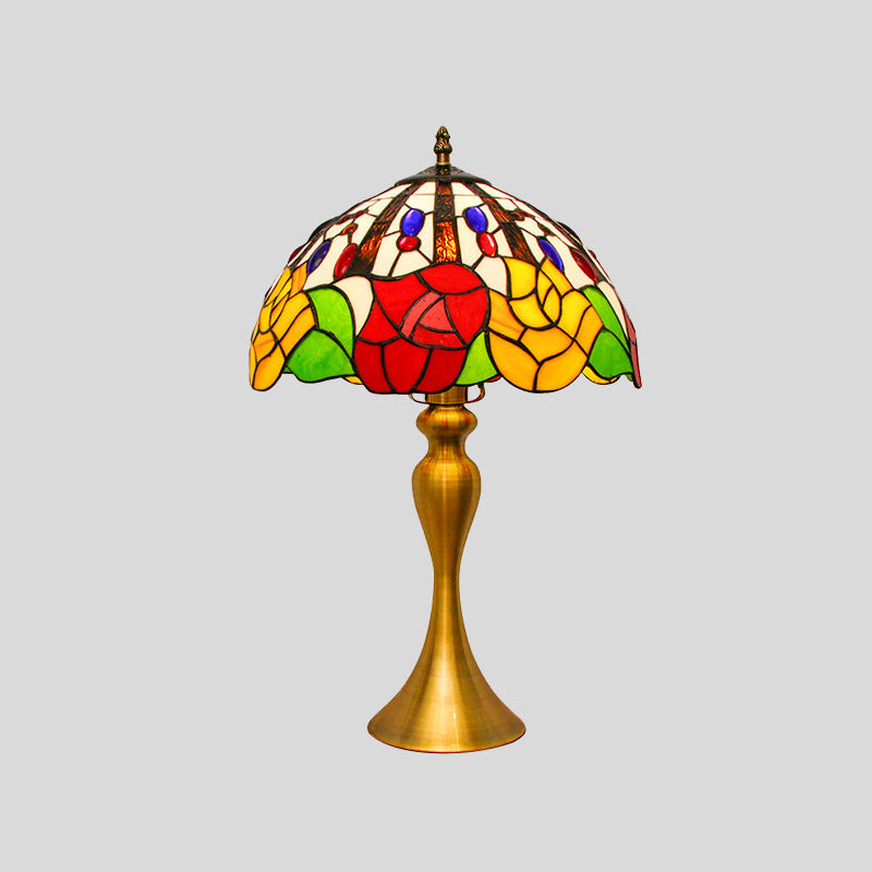 Domed Night Lighting Tiffany Style Stained Glass 1 Head Gold Flower Patterned Nightstand Lamp Clearhalo 'Lamps' 'Table Lamps' Lighting' 894653