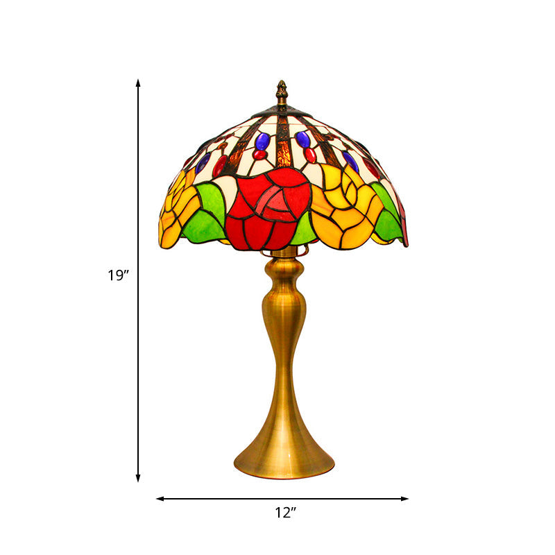 Domed Night Lighting Tiffany Style Stained Glass 1 Head Gold Flower Patterned Nightstand Lamp Clearhalo 'Lamps' 'Table Lamps' Lighting' 894654