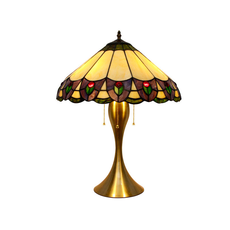 Conic Nightstand Light 3-Head Stained Glass Tiffany Peacock Tail Patterned Table Lighting in Gold with Pull Chain Clearhalo 'Lamps' 'Table Lamps' Lighting' 894665