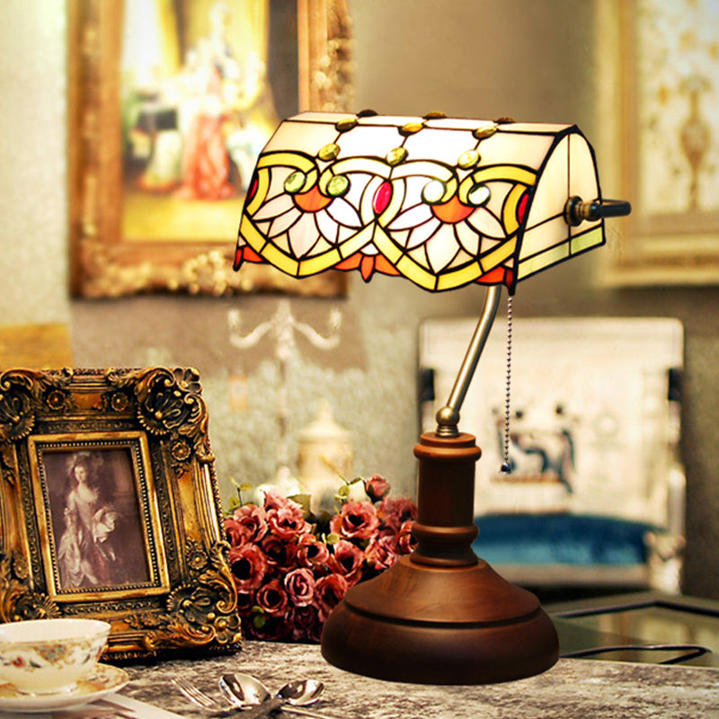 Stained Glass Dark Brown Nightstand Lighting Rollover Shade 1 Light Mediterranean Table Light with Pull Chain Clearhalo 'Lamps' 'Table Lamps' Lighting' 894668