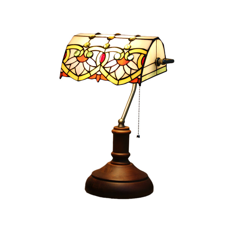 Stained Glass Dark Brown Nightstand Lighting Rollover Shade 1 Light Mediterranean Table Light with Pull Chain Clearhalo 'Lamps' 'Table Lamps' Lighting' 894669