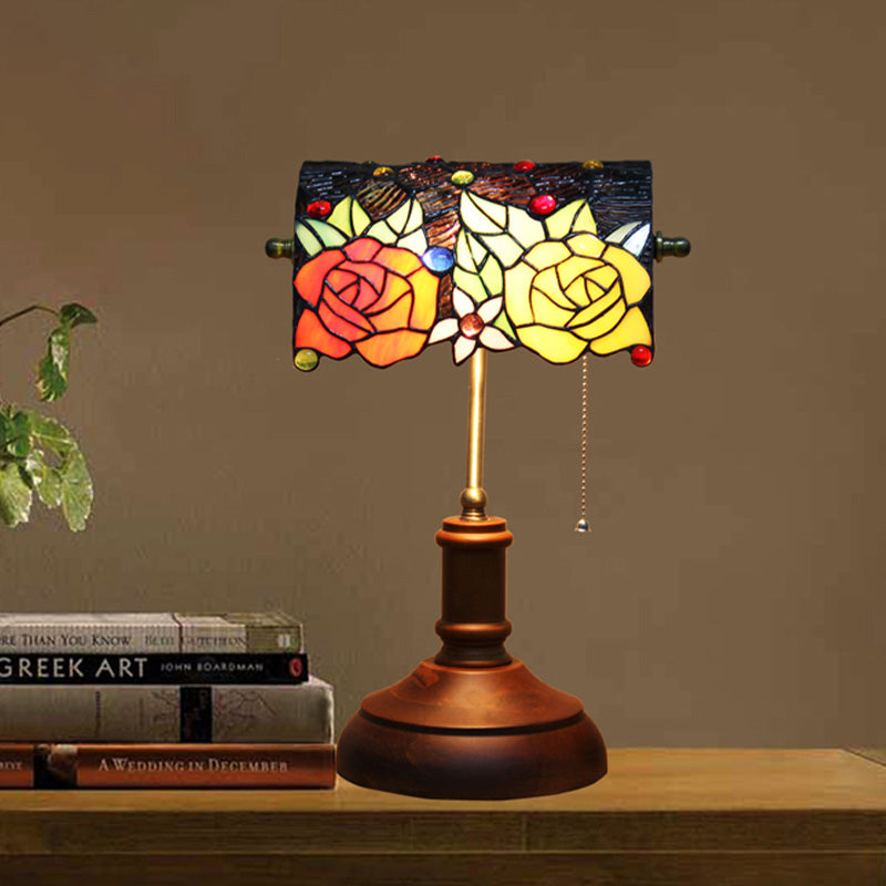 1 Light Table Lamp Baroque Rose Stained Art Glass Pull Chain Night Lighting in Dark Brown Clearhalo 'Lamps' 'Table Lamps' Lighting' 894672