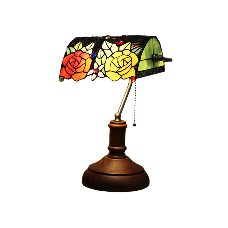 1 Light Table Lamp Baroque Rose Stained Art Glass Pull Chain Night Lighting in Dark Brown Clearhalo 'Lamps' 'Table Lamps' Lighting' 894673