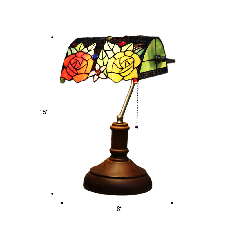 1 Light Table Lamp Baroque Rose Stained Art Glass Pull Chain Night Lighting in Dark Brown Clearhalo 'Lamps' 'Table Lamps' Lighting' 894674