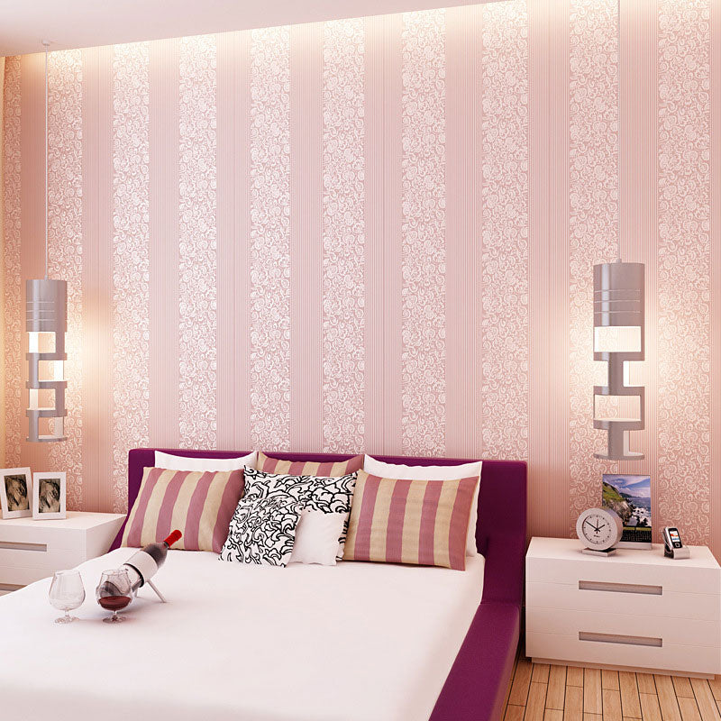 Pastel Color Non-Woven Wallpaper Stain-Resistant 3D Flower and Stripe Wall Covering, 31' by 20.5