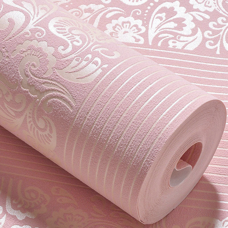 Pastel Color Non-Woven Wallpaper Stain-Resistant 3D Flower and Stripe Wall Covering, 31' by 20.5