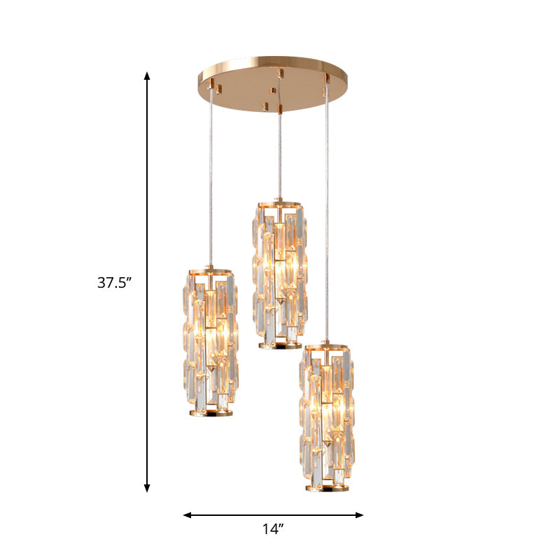 3-Head Multi Light Pendant Modern Bedroom Hanging Lamp with Column Crystal Shade in Gold Clearhalo 'Ceiling Lights' 'Modern Pendants' 'Modern' 'Pendant Lights' 'Pendants' Lighting' 897160