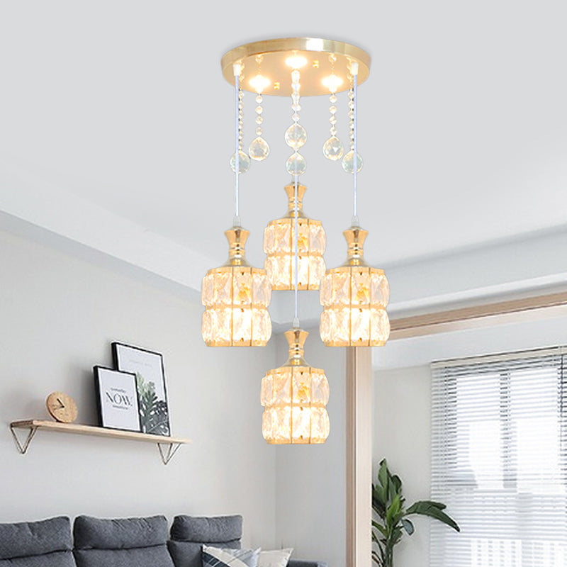 Crystal Block Cylinder Multi Pendant Light Fixture Modern 4-Bulb Hanging Lamp Kit in Gold Clearhalo 'Ceiling Lights' 'Modern Pendants' 'Modern' 'Pendant Lights' 'Pendants' Lighting' 897402