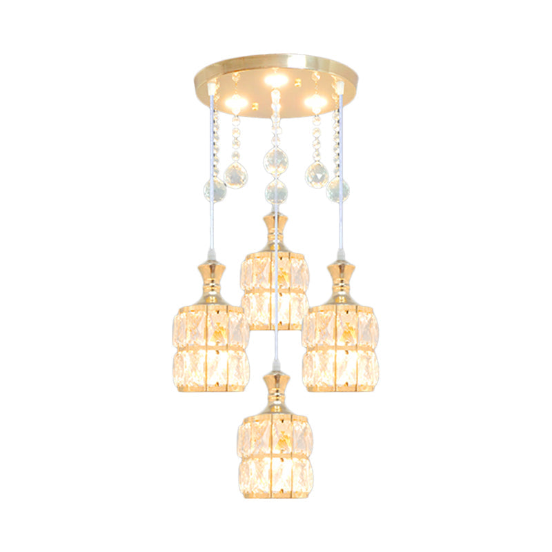 Crystal Block Cylinder Multi Pendant Light Fixture Modern 4-Bulb Hanging Lamp Kit in Gold Clearhalo 'Ceiling Lights' 'Modern Pendants' 'Modern' 'Pendant Lights' 'Pendants' Lighting' 897403