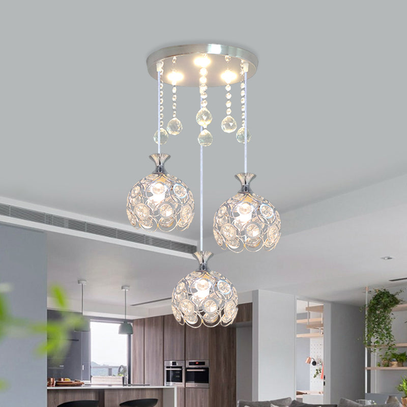 3-Head Dining Room Cluster Pendant Modern Silver Finish Pendulum Light with Dome Crystal-Encrusted Shade Clearhalo 'Ceiling Lights' 'Modern Pendants' 'Modern' 'Pendant Lights' 'Pendants' Lighting' 897406