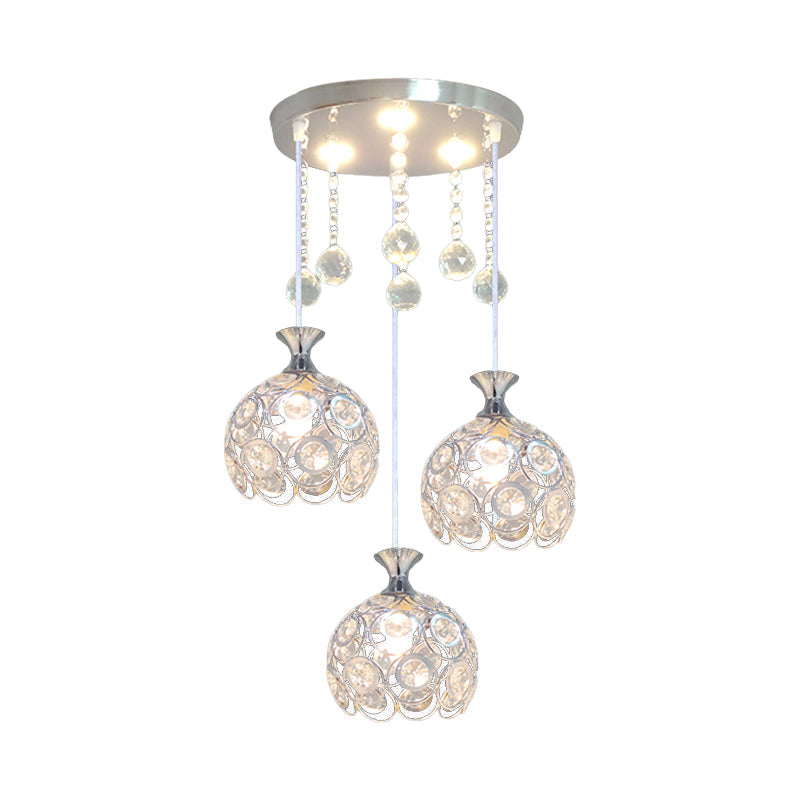 3-Head Dining Room Cluster Pendant Modern Silver Finish Pendulum Light with Dome Crystal-Encrusted Shade Clearhalo 'Ceiling Lights' 'Modern Pendants' 'Modern' 'Pendant Lights' 'Pendants' Lighting' 897407