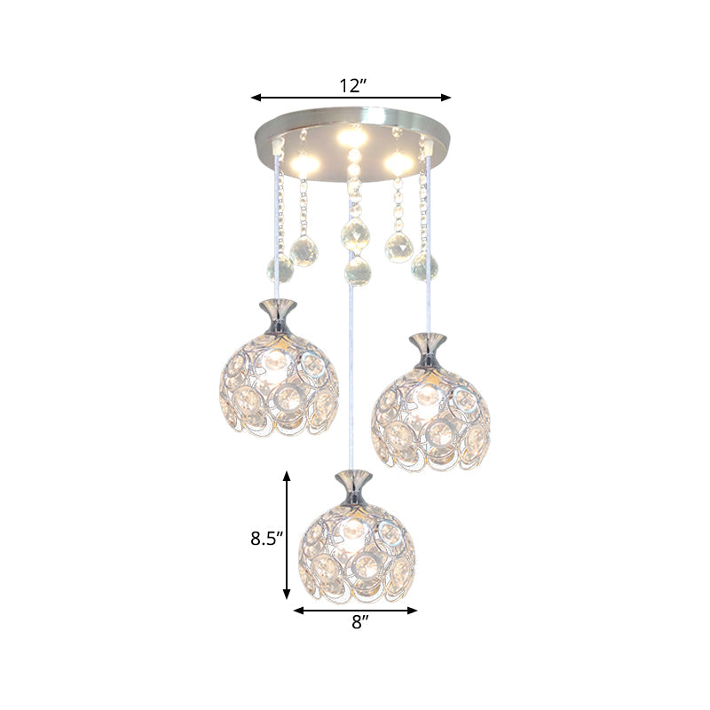 3-Head Dining Room Cluster Pendant Modern Silver Finish Pendulum Light with Dome Crystal-Encrusted Shade Clearhalo 'Ceiling Lights' 'Modern Pendants' 'Modern' 'Pendant Lights' 'Pendants' Lighting' 897408