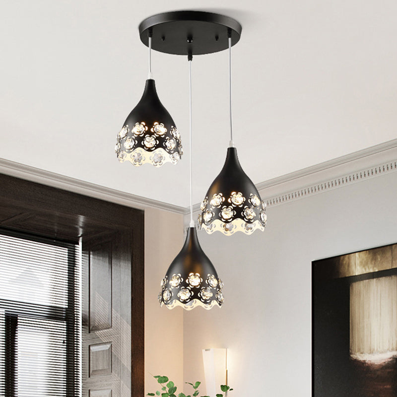 Black Finish Teardrop Cluster Pendant Contemporary 3-Head Floret Crystal-Encrusted Hanging Light Clearhalo 'Ceiling Lights' 'Modern Pendants' 'Modern' 'Pendant Lights' 'Pendants' Lighting' 897434