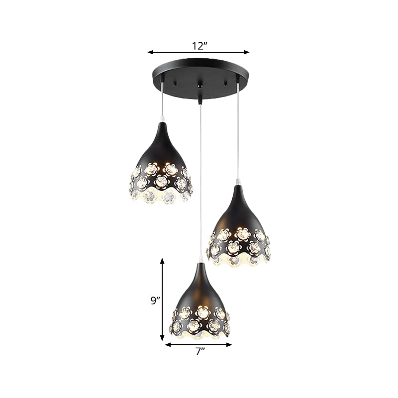 Black Finish Teardrop Cluster Pendant Contemporary 3-Head Floret Crystal-Encrusted Hanging Light Clearhalo 'Ceiling Lights' 'Modern Pendants' 'Modern' 'Pendant Lights' 'Pendants' Lighting' 897436