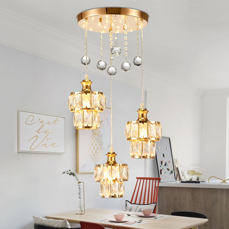 Faceted Crystal Block 2-Tier Pendulum Light Minimalist 3-Bulb Gold Finish Multi Pendant with Droplet Gold Clearhalo 'Ceiling Lights' 'Modern Pendants' 'Modern' 'Pendant Lights' 'Pendants' Lighting' 897453