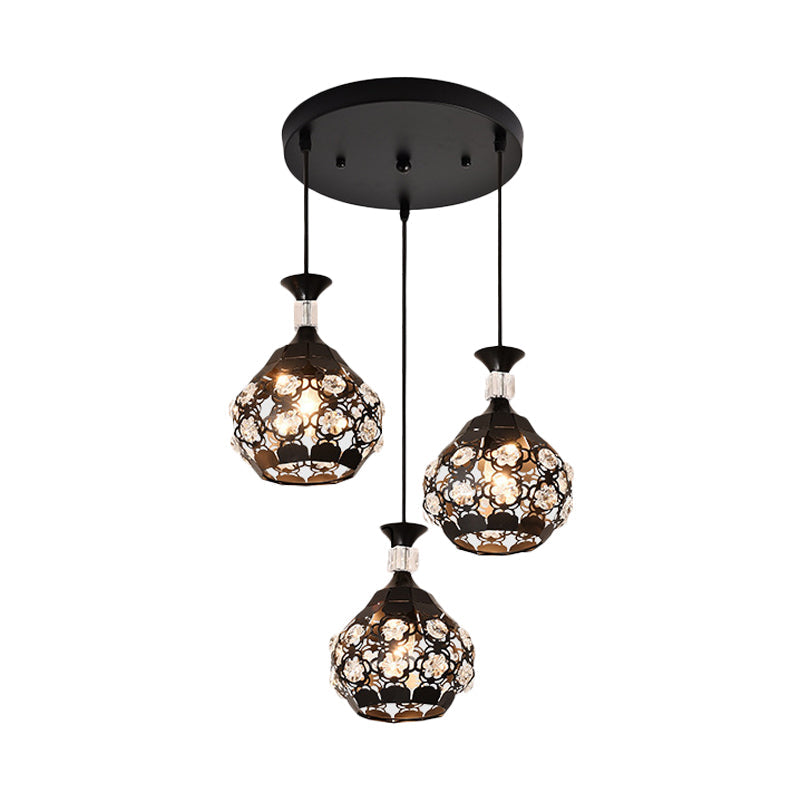 Black Hollow Out Floret Multi-Pendant Modernism 3 Lights Crystal Embedded Suspension Lamp Clearhalo 'Ceiling Lights' 'Modern Pendants' 'Modern' 'Pendant Lights' 'Pendants' Lighting' 897479