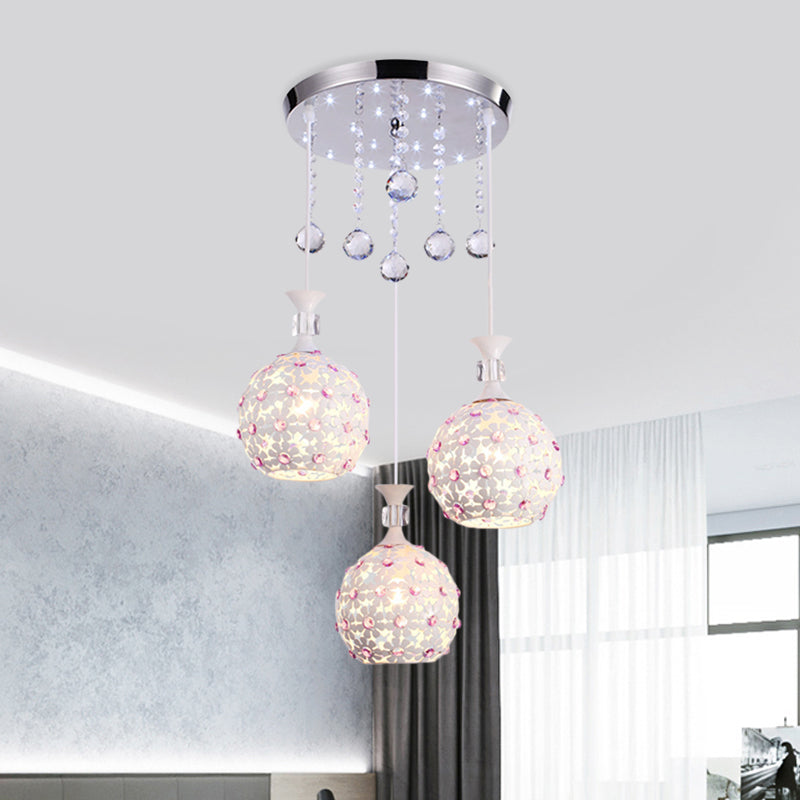 White Floret Pendulum Light with Ball Design Contemporary 3-Head Iron Cluster Pendant with Crystal Droplet White Clearhalo 'Ceiling Lights' 'Modern Pendants' 'Modern' 'Pendant Lights' 'Pendants' Lighting' 897481