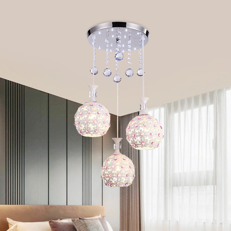 White Floret Pendulum Light with Ball Design Contemporary 3-Head Iron Cluster Pendant with Crystal Droplet Clearhalo 'Ceiling Lights' 'Modern Pendants' 'Modern' 'Pendant Lights' 'Pendants' Lighting' 897482