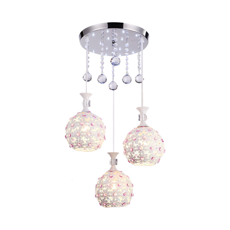 White Floret Pendulum Light with Ball Design Contemporary 3-Head Iron Cluster Pendant with Crystal Droplet Clearhalo 'Ceiling Lights' 'Modern Pendants' 'Modern' 'Pendant Lights' 'Pendants' Lighting' 897483