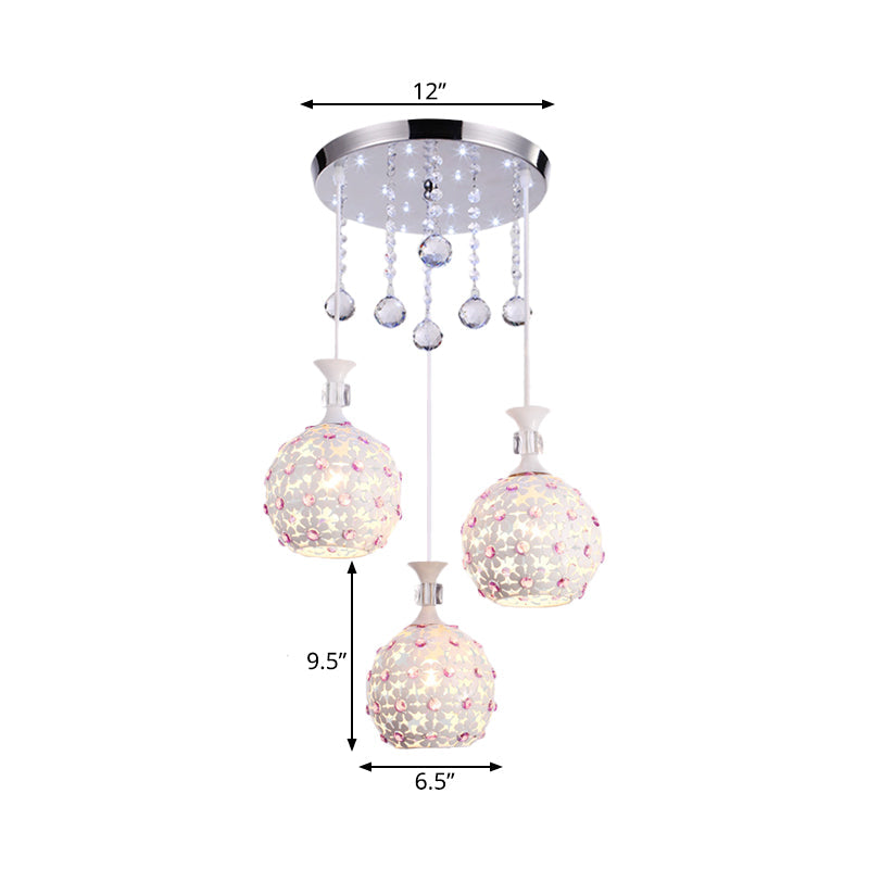 White Floret Pendulum Light with Ball Design Contemporary 3-Head Iron Cluster Pendant with Crystal Droplet Clearhalo 'Ceiling Lights' 'Modern Pendants' 'Modern' 'Pendant Lights' 'Pendants' Lighting' 897484