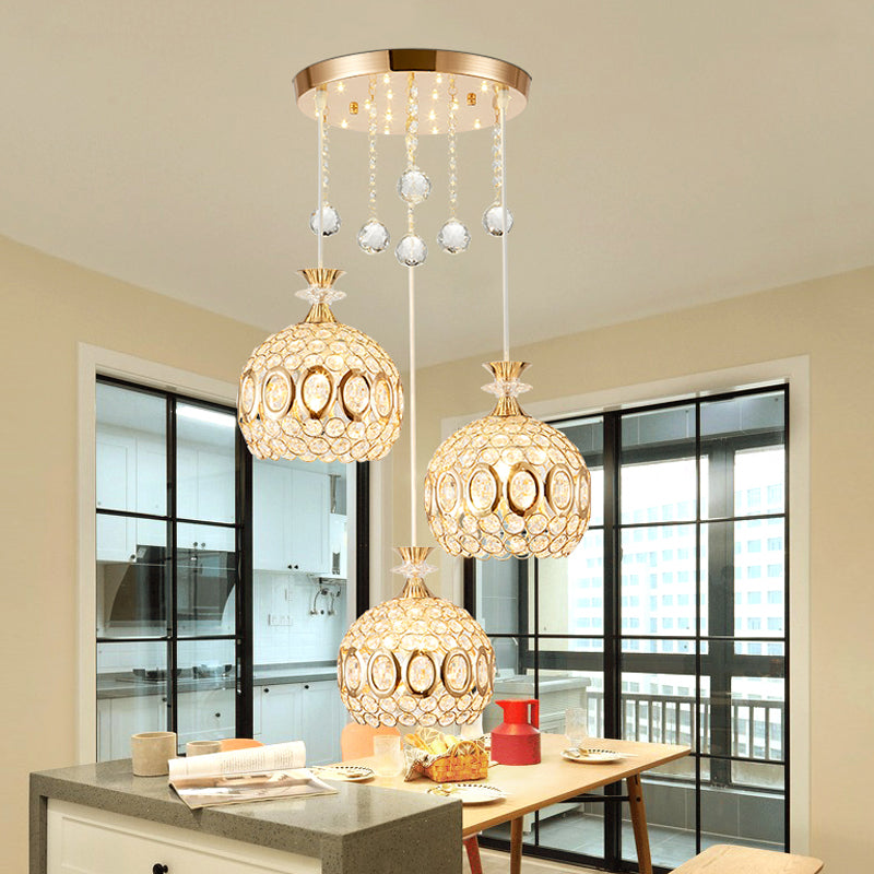 Crystal-Encrusted Dome Multi Pendant Light Modernism 3 Bulbs Hanging Ceiling Lamp in Gold Gold Clearhalo 'Ceiling Lights' 'Modern Pendants' 'Modern' 'Pendant Lights' 'Pendants' Lighting' 897485