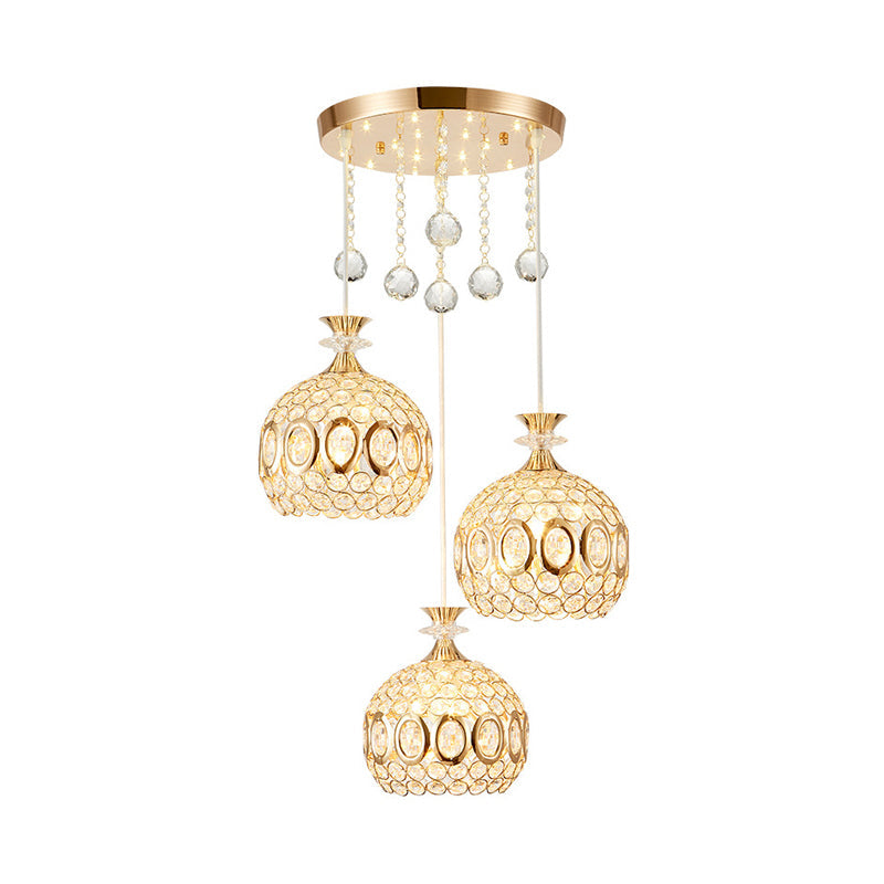 Crystal-Encrusted Dome Multi Pendant Light Modernism 3 Bulbs Hanging Ceiling Lamp in Gold Clearhalo 'Ceiling Lights' 'Modern Pendants' 'Modern' 'Pendant Lights' 'Pendants' Lighting' 897487