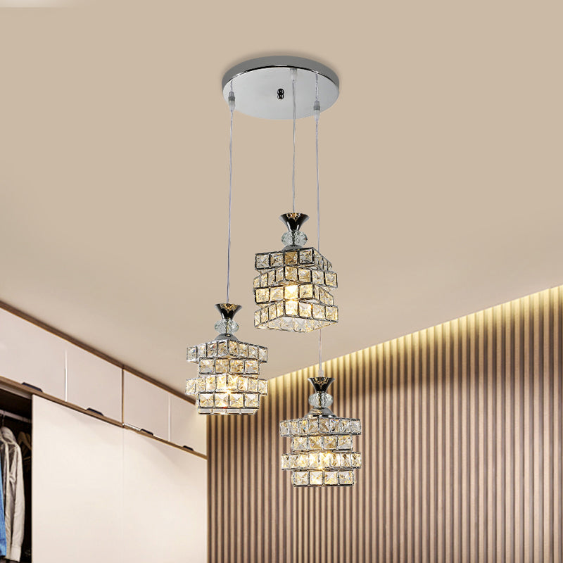 4 Layers Crystal Block Pendant Lamp Fixture Simple 3-Head Silver Finish Multi Ceiling Light Silver Clearhalo 'Ceiling Lights' 'Modern Pendants' 'Modern' 'Pendant Lights' 'Pendants' Lighting' 897489