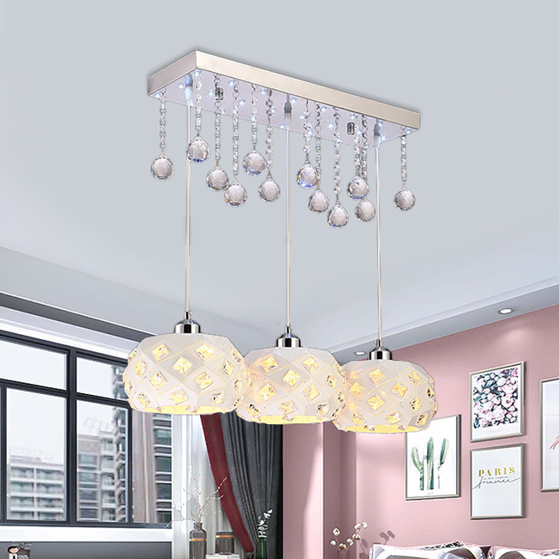 White Drum Shaped Multiple Hanging Lamp Simple 3-Bulb Metal Ceiling Pendant Light with Crystal Ball Accent White Clearhalo 'Ceiling Lights' 'Modern Pendants' 'Modern' 'Pendant Lights' 'Pendants' Lighting' 897597