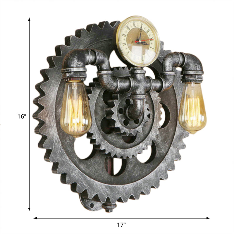 Gear Wrought Iron Wall Sconce with Exposed Bulb Industrial 2 Lights Living Room Wall Lighting in Aged Silver Clearhalo 'Art deco wall lights' 'Cast Iron' 'Glass' 'Industrial wall lights' 'Industrial' 'Middle century wall lights' 'Modern' 'Rustic wall lights' 'Tiffany' 'Traditional wall lights' 'Wall Lamps & Sconces' 'Wall Lights' Lighting' 89775